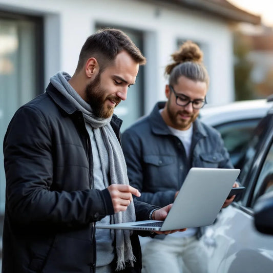 Acheteur vérifiant le kilométrage exact d'une voiture d'occasion avec un rapport historique véhicule