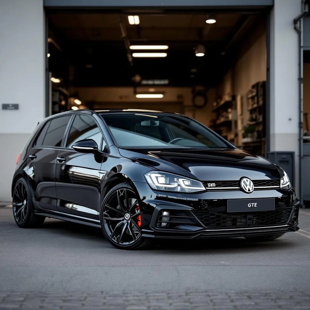 Volkswagen Golf GTE hybride garée devant un atelier