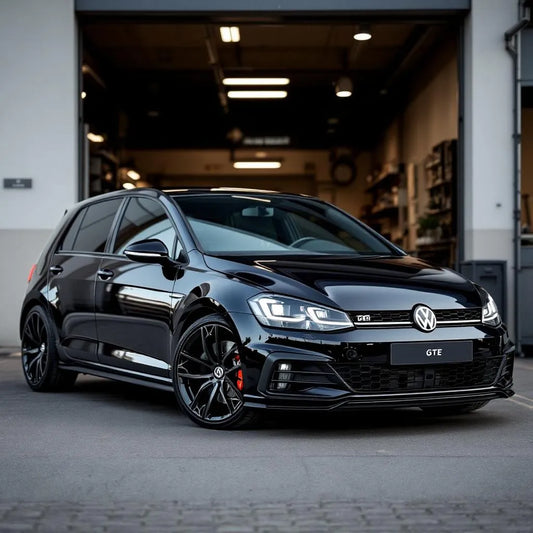 Volkswagen Golf GTE hybride garée devant un atelier