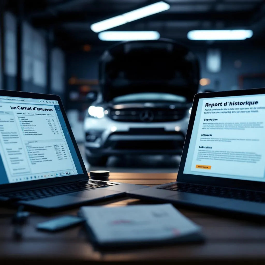Vérification de l'historique entretien voiture avec carnet et rapport digital dans un garage