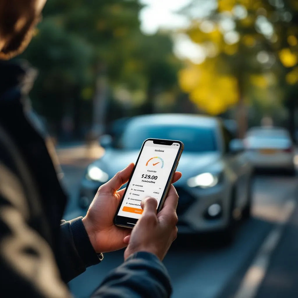 Conducteur vérifiant le kilométrage voiture au compteur et via une application mobile