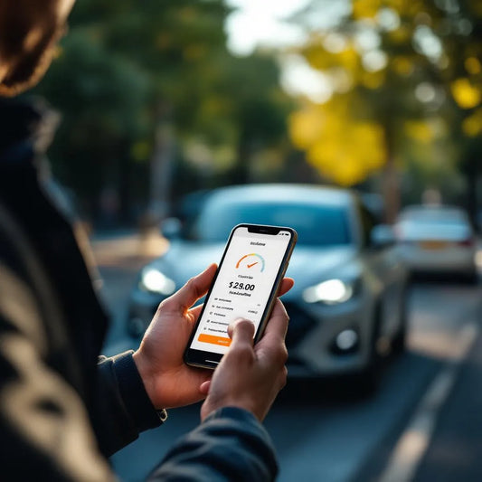 Conducteur vérifiant le kilométrage voiture au compteur et via une application mobile