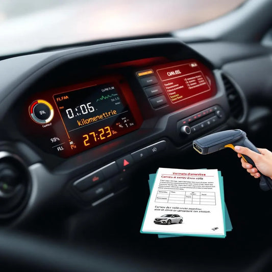 Vérification kilométrage voiture avec compteur, carnet d'entretien et données digitales