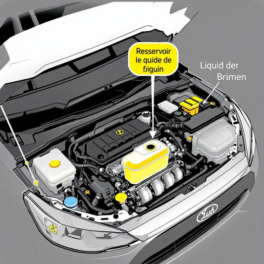 Vue technique du compartiment moteur avec réservoir de liquide de frein en évidence