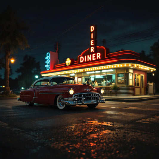 Voiture américaine ancienne brillante devant un diner rétro des années 50