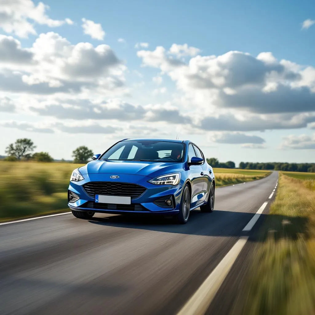 Ford Focus II Essence 1.6 100ch bleue sur route