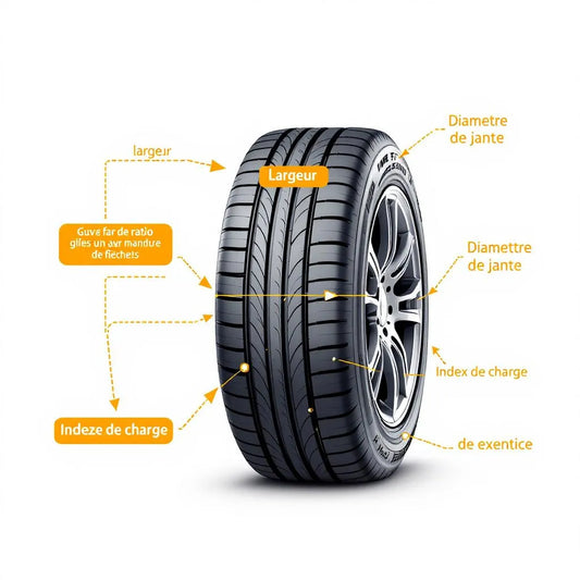 Profil d'un pneu annoté montrant largeur, ratio, jante, indice charge et vitesse pour lire les dimensions du pneu