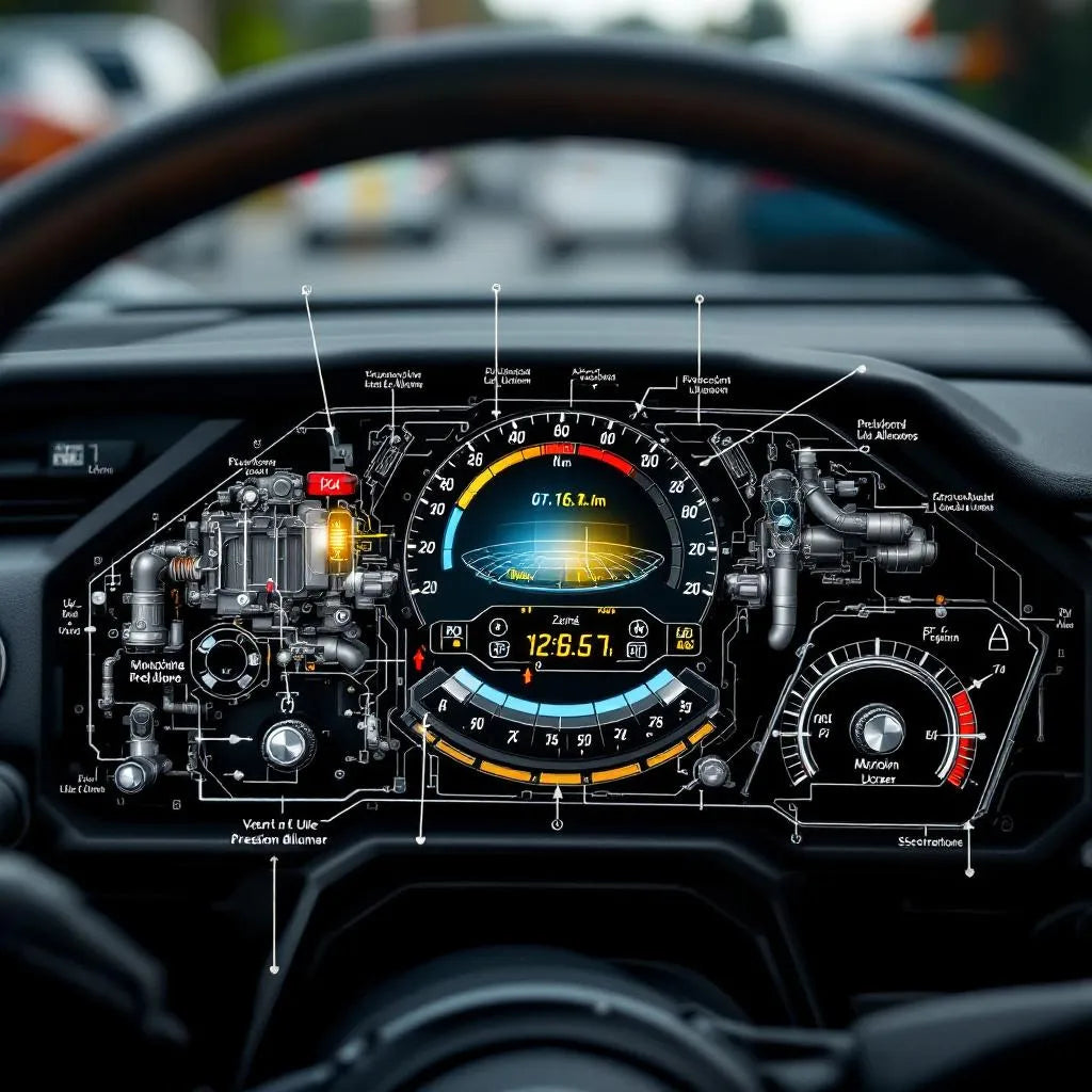 Tableau de bord auto avec voyant de pression d’huile allumé et points moteurs critiques surlignés