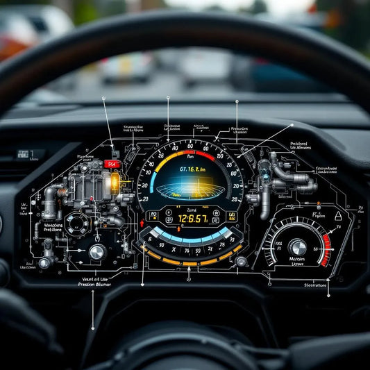 Tableau de bord auto avec voyant de pression d’huile allumé et points moteurs critiques surlignés