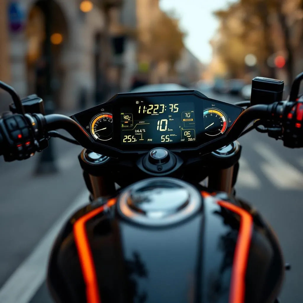 Compteur moto digital affichant vitesse et tours moteurs sur une moto moderne