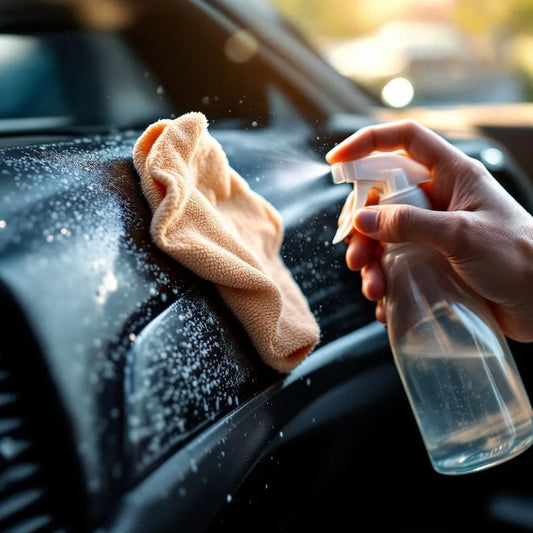 Mains gantées nettoyant l'intérieur du pare-brise sans traces avec chiffon microfibre et spray