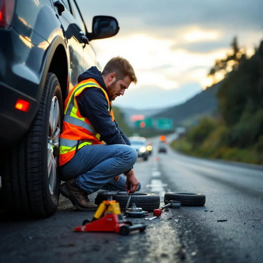 Automobiliste changeant une roue après une crevaison sur l'autoroute, gilet de sécurité et outils visibles