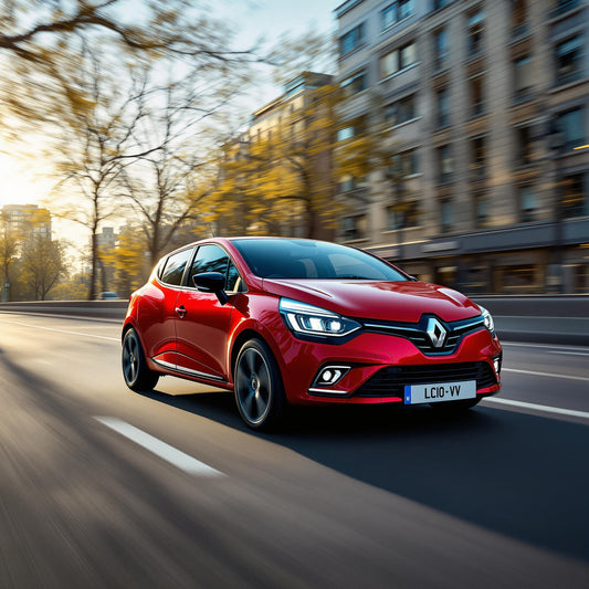 Renault Clio V rouge sur route urbaine