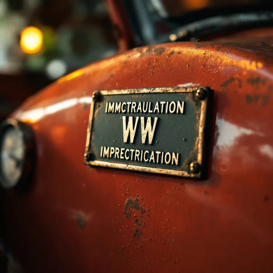 Plaque en WW ancienne fixée sur une voiture de collection vintage