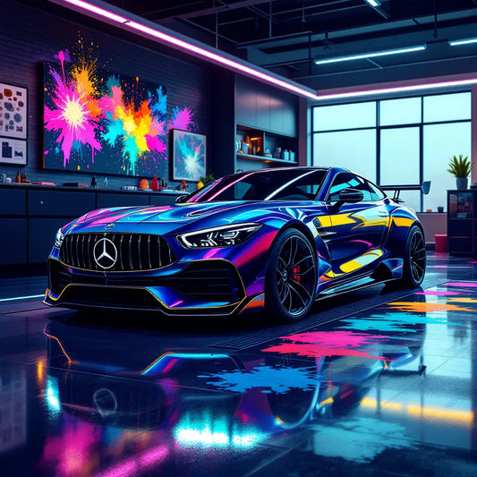 Voiture moderne avec échantillons de code couleur voiture dans un atelier