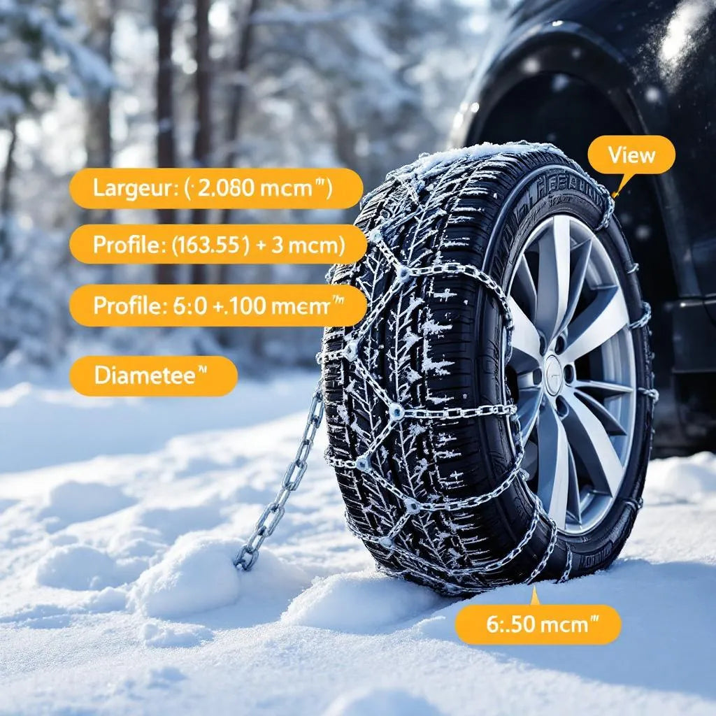 Pneu de voiture avec chaîne de neige illustrant comment choisir la bonne taille de chaînes pneus