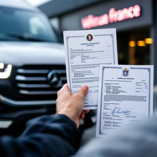 Vérification de l'historique véhicule étranger avec documents et voiture devant un bureau administratif
