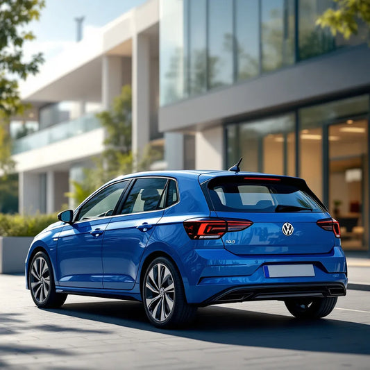 Vue latérale de la Volkswagen Polo VI bleue