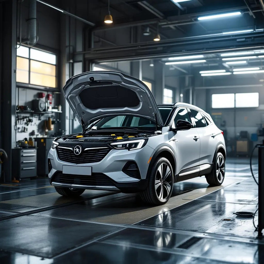 Opel Grandland X capot ouvert dans un atelier